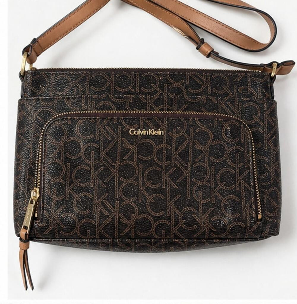 Calvin Klein Brown Monogram Crossbody Bag Zip Top Multi Pocket